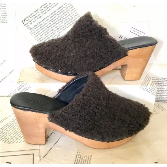 Free People Shoes - Free People Brown Faux Fur Mules Slides Wood Platform Studs Wedge